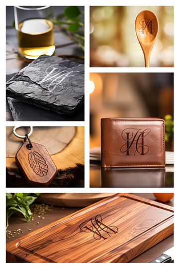 Lasergraverade produkter, glasunderl�gg, tr�slev, pl�nbok, sk�rbr�da med personligt monogram