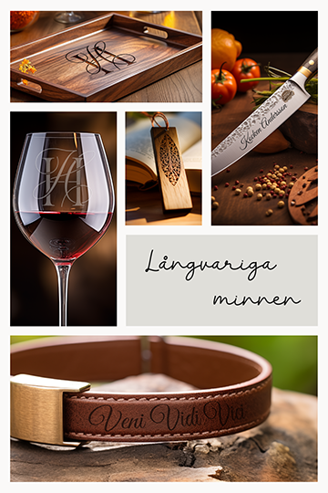 Lasergraverade produkter, bricka, vinglas, bokm�rke, k�kskniv, armband med personligt monogram